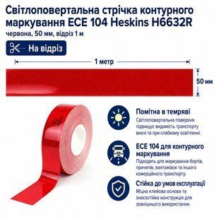 Світлоповертальна стрічка контурного маркування Heskins H6632R, ECE 104 (червона, 50 мм, відріз 1 м) 2571 фото